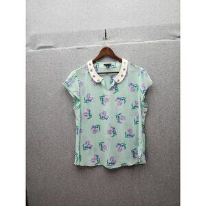 I ♥ Ronson Womens XL Mint Floral Print Blouse With Embellished Collar Cap Sleeve